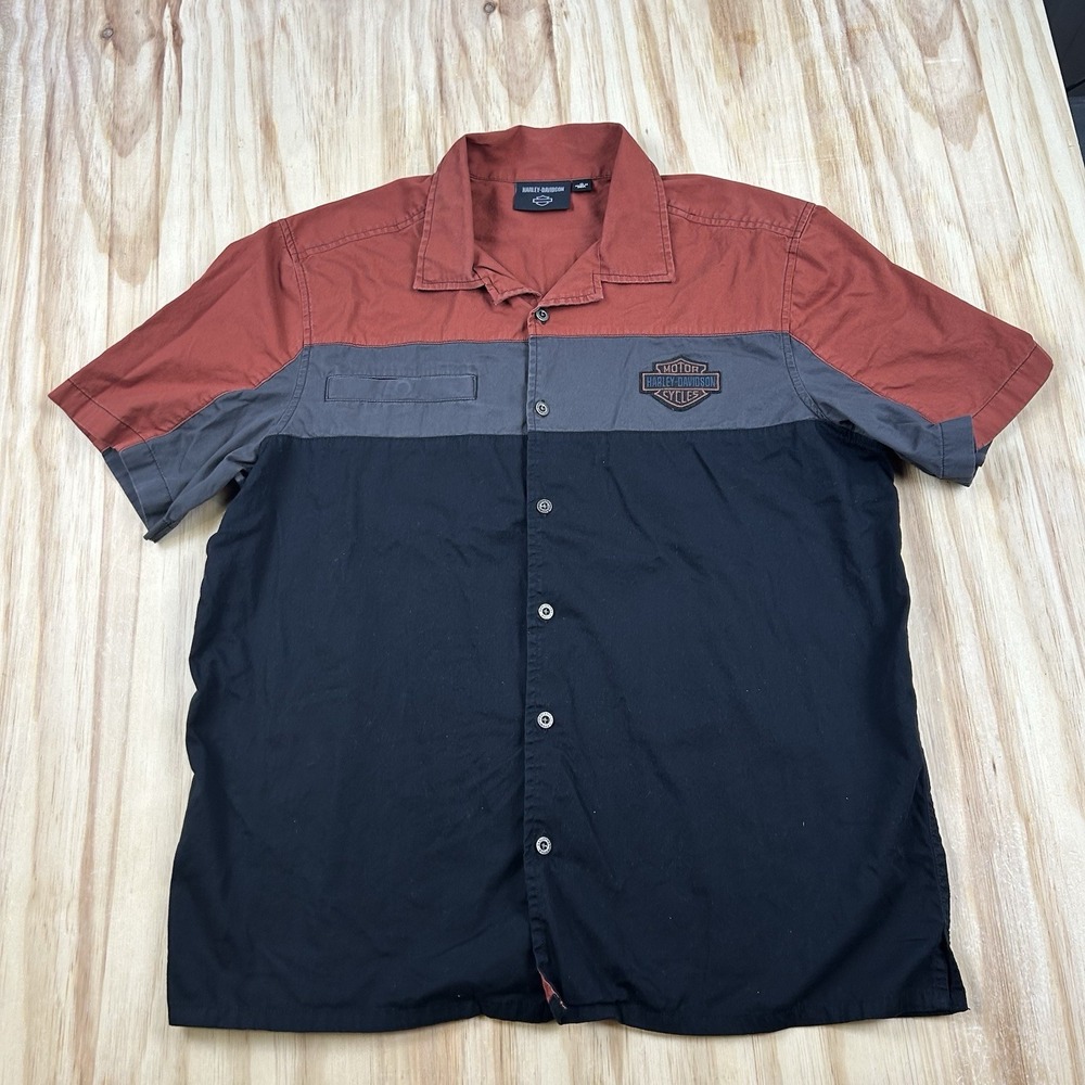 Harley Davidson Men's XL Red Black Short Sleeve Button Shirt Motorcycle Biker